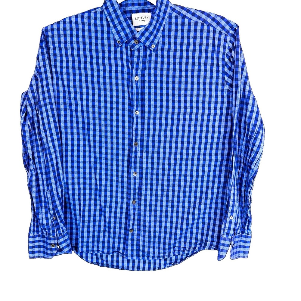 Ledbury Men's Woven Cotton Slim Fit Blue Navy Check Button-Down Shirt XL